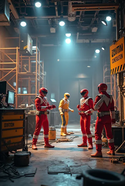 Power Rangers refurbishing a TV studio ,  with signs that say caution is under construction 