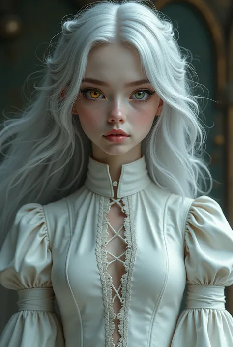  a  girl with long silver hair, heterochromia of gold and gray, white leather with an old-fashioned dress