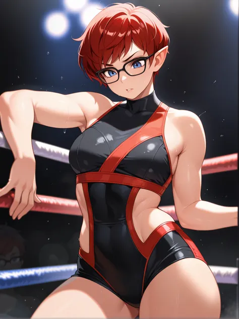 1woman, solo, adult female, androgynous, short hair, pixie cut, blue eyes, red hair, pointy ears, black glasses, medium breast, wrestling, wrestling gear, wwe, Blurred foreground,depth of field, masterpiece,best quality,amazing quality