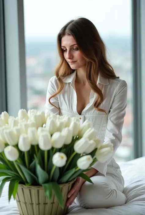 an elegant young girl, weighing 70 kg and 1 meter 67 cm tall, is in a photo studio, sophisticated and elegant, with large panoramic windows and a view of the city, the girl is sitting on the bed and in front of her is a huge basket of white tulips, three h...