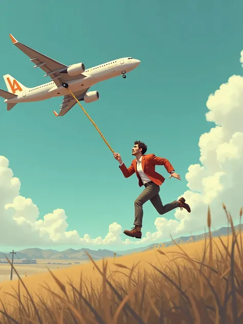 landscape photo of a desperate man running after an Airplane that has his girlfriend Inside. He is holding unto a thick rope attached to the tail of the Airplane. The Airplane has just taken flight so it can be seen hovering closer to the ground. The Airpl...