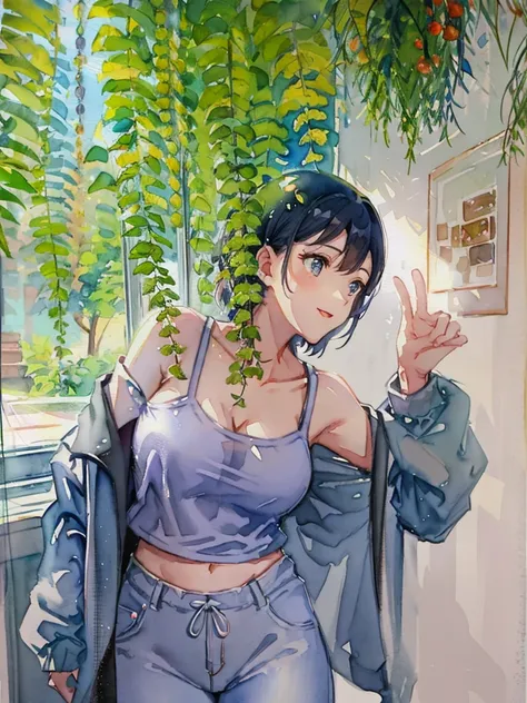 arafed woman in a grey top and blue pants posing for a picture, Chiho, cottagecore!! fitness body,  shikamimi, with ivy, Lofi Girl, Chiho ashima, profile image, Yoshitomo Nara,  sakimichan, with short hair, profile pic, shiori teshirogi, (Masterpiece), (be...