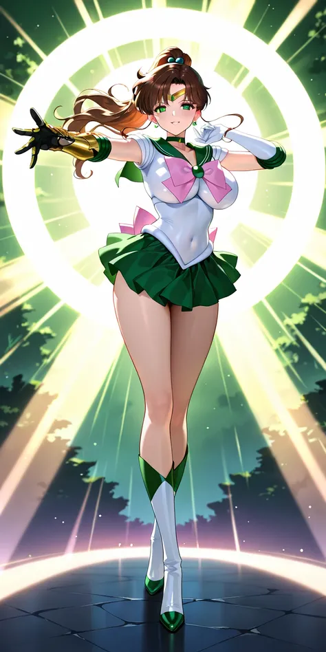 Masterpiece, elegant mature woman, sailor jupiter\(sailor jupiter\), parted lips, smile, tall body, big breast, sailor senshi uniform (sailor senshi uniform skirt, sailor senshi uniform gauntlet, sailor senshi uniform high boots), dynamic lighting, ultra d...