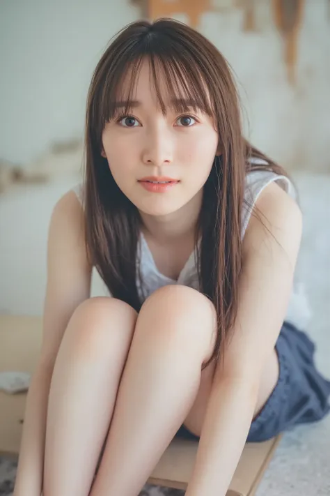 ((( Woman Lying on Bed )))、 highlight breasts、((( school uniform:1.3)))、  open white shirt  、((( Fitted Checkered Skirt :1.7)))、(Reddish brown wet shiny hair)、( floral 編み込みカチューシャ、 half up、 floral ,),(Space Blade、 voluminous fishtail braid、Twisted bread、)、(...