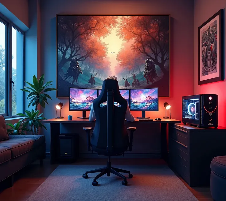 Generate a gamer set up ,  where the wall behind the computer is large to place a decorative painting,  you can see the complete decorative painting ,  make it as realistic as possible with good lighting 
