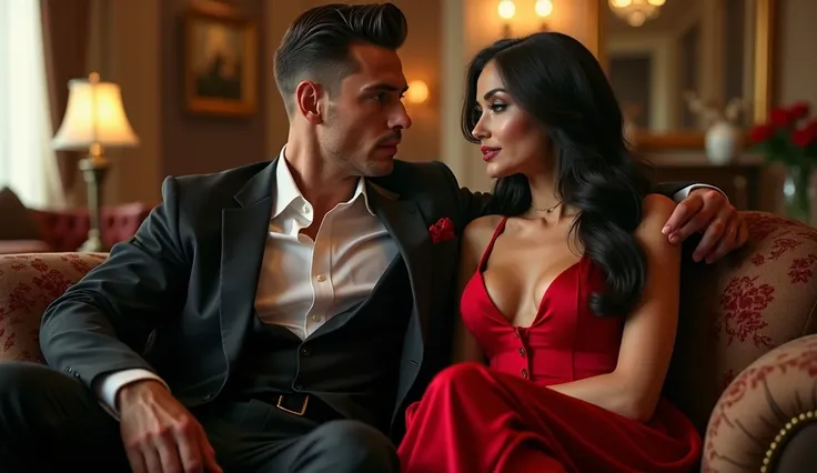 A millionaire man with a confident, powerful and arrogant presence sits in conversation in a luxurious living room with a stunning brunette woman in a red dress. He has an athletic and fit body and is wearing expensive, high-end designer clothes that fit p...