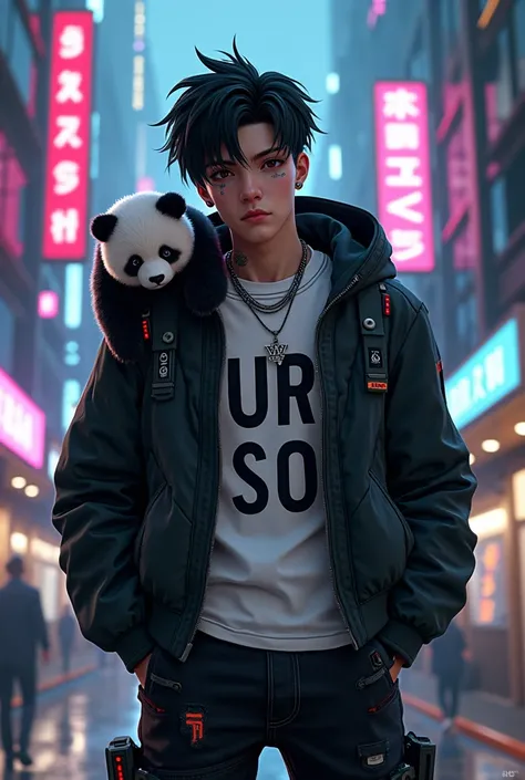 GTA-style male character ,  black hair, open hoodie, T-shirt written with the word U R S O, with a little panda bear on his shoulder, cybernetic scene  