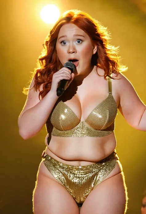  Chubby red-haired girl singing at Eurovision with a light show, with dazzling shiny gold small panties and tiny bra
