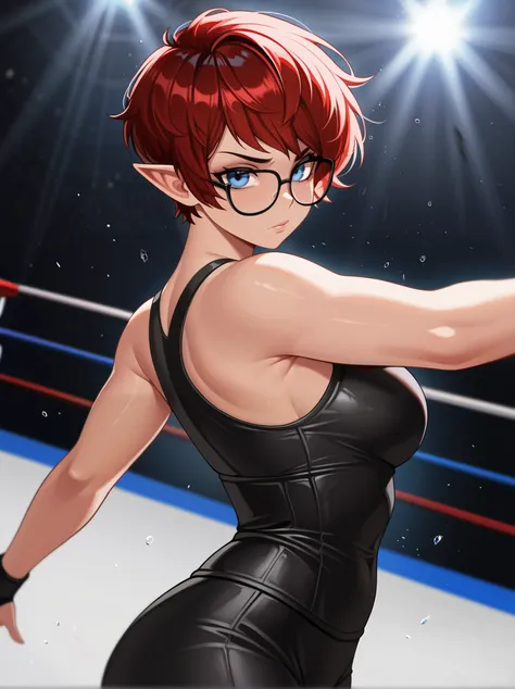 1woman, solo, adult female, androgynous, short hair, pixie cut, blue eyes, red hair, pointy ears, black glasses, medium breast, wrestling, wwe, rhea ripley, judgement day, Blurred foreground,depth of field, masterpiece,best quality,amazing quality