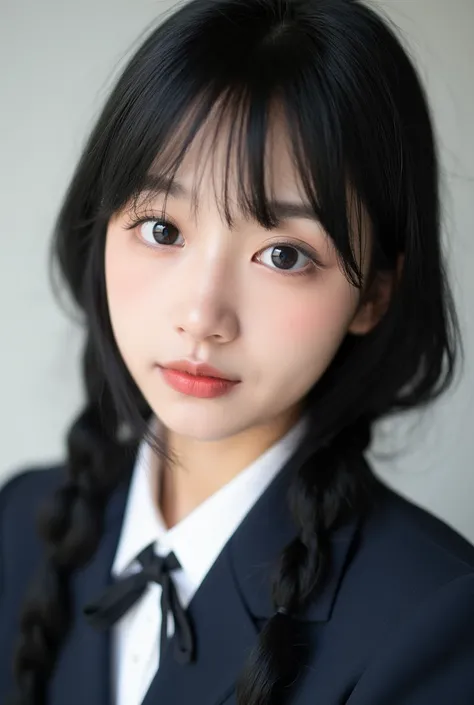 19-year-old Japanese girl ,  with long black hair with a braid cascading backwards,  big eyes , v face, small nose and small face ,  clean skin without wrinkles or lines , Moderately Clear in front with uniform , It's a photo for an identity document she's...