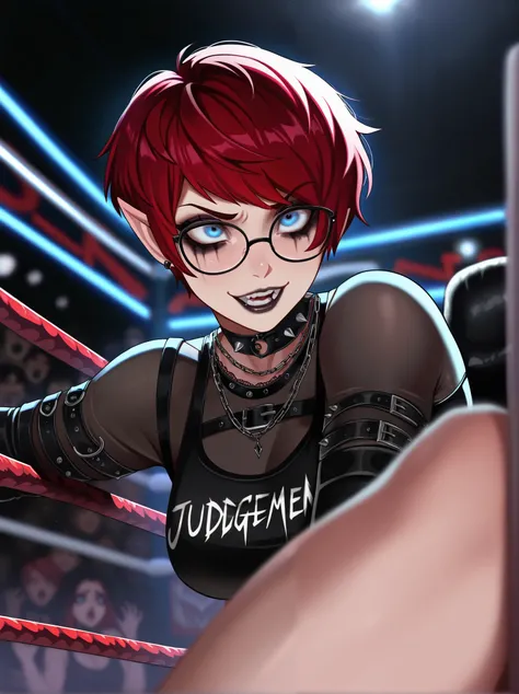 1woman, solo, adult female, androgynous, short hair, pixie cut, blue eyes, red hair, pointy ears, black glasses, medium breast, wrestling, wwe, rhea ripley, judgement day, goth, punk, dark makeup, crazy, Blurred foreground,depth of field, masterpiece,best ...