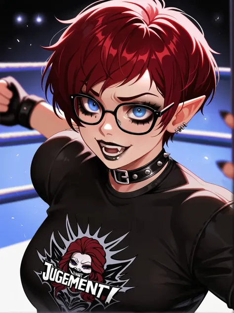 1woman, solo, adult female, androgynous, short hair, pixie cut, blue eyes, red hair, pointy ears, black glasses, medium breast, wrestling, wwe, rhea ripley, judgement day, goth, punk, dark makeup, crazy, Blurred foreground,depth of field, masterpiece,best ...