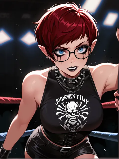 1woman, solo, adult female, androgynous, short hair, pixie cut, blue eyes, red hair, pointy ears, black glasses, medium breast, wrestling, wwe, rhea ripley, judgement day, goth, punk, dark makeup, crazy, Blurred foreground,depth of field, masterpiece,best ...