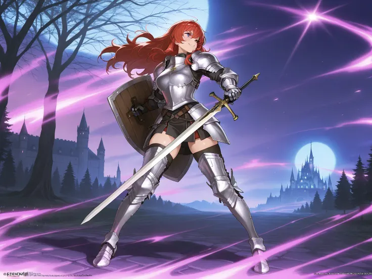 shield, weapon, red_hair, plate_armor, knight, sword, armor, long_hair, holding_weapon, 1girl, holding_sword, tree, holding_shield, full_armor, holding, armored_boots, purple_sky, castle, breastplate, greaves, anime girl with sword and shield in a fantasy ...