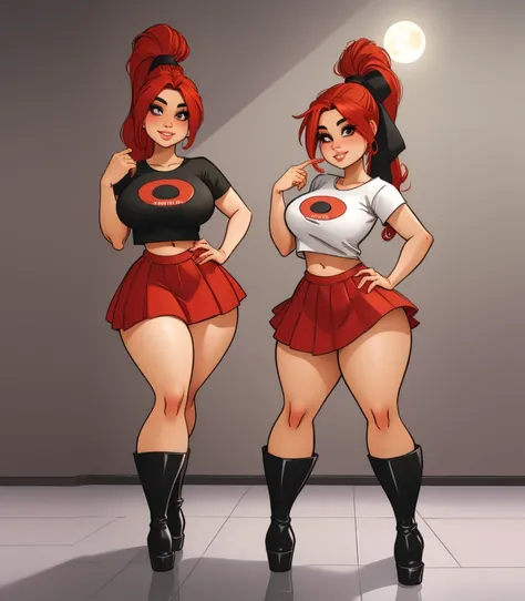  moonlit night , Masterpiece full body image of a cartoon character,  posing sexy, subtle smile,  pouting,  full lips,  red hair,  ponytail ,  brown eyes,  perfect hands,  big breasts ,  wide hips,  thick thighs,  black t-shirt ,  crop top, red skirt,  hig...