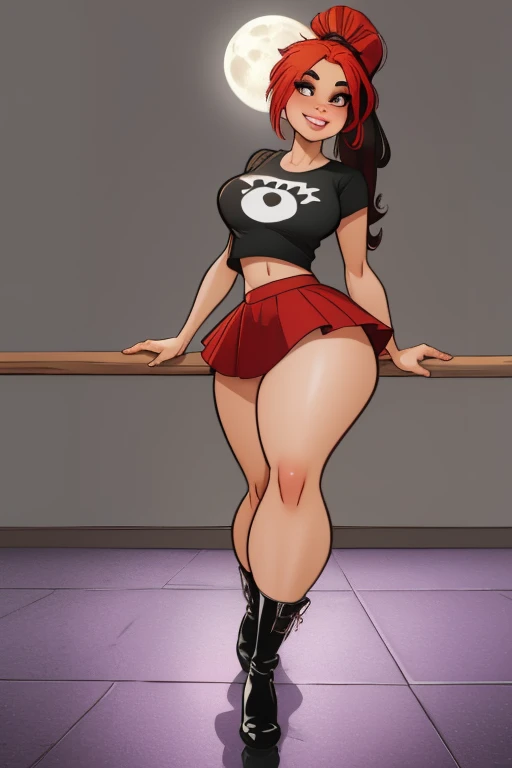  moonlit night , Masterpiece full body image of a cartoon character,  posing sexy, subtle smile,  pouting,  full lips,  red hair,  ponytail ,  brown eyes,  perfect hands,  big breasts ,  wide hips,  thick thighs,  black t-shirt ,  crop top, red skirt,  hig...