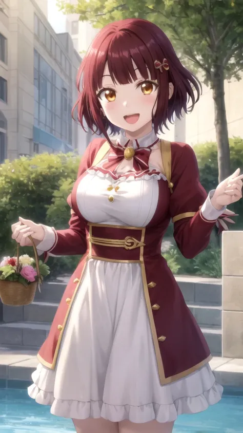 Masterpieces, Best Quality, girl, looking at viewer, Miyabi Itou, short hair, Brown hair, Brown Eyes, large breasts, princess connect Re:Dive cosplay, princess Dress, standing, smile, open mouth, outdoors 