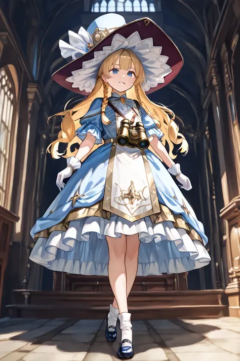 Girl with braided and voluminous blonde hair, blue eyes, nobility clothes, a large and long white and blue dress with gold details, long aristocratic gloves, a large hat, a gentle look and golden binoculars. Take her in a garden inside a mansion, walking a...