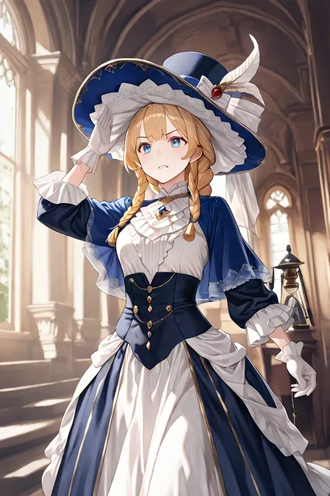 Girl with braided and voluminous blonde hair, blue eyes, nobility clothes, a large and long white and blue dress with gold details, long aristocratic gloves, a large hat, a gentle look and golden binoculars. Take her in a garden inside a mansion, walking a...