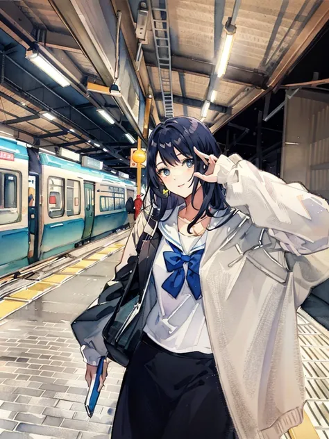 arafed woman in a school uniform standing in a train station, chiho, 🚿🗝📝, sakimichan, seifuku, in tokio, shiori teshirogi, 🪔 🎨;🌞🌄, narumi kakinouchi, shikamimi, kimi takemura, mayuri shiina, (Masterpiece), (best detail), (Best quality), (((aquarelle))), Wa...