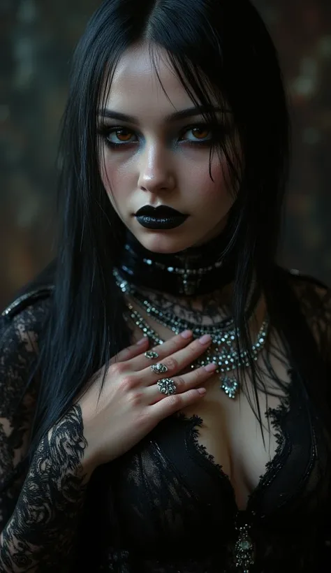 Design a photorealistic portrait of a woman with dark makeup and makeup art, set in a dark concept art style. Cowboy Shot, She is a gothic maiden shaman, blending dark fantasy with realism to create a hyperdetailed fantasy character. The portrait captures ...