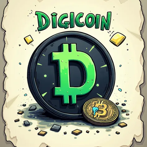 Logo Drawn on a piece of paper Cartoon style with  a ' Digi coin '  similar like bitcoin but made black coin with green 'D' shape , high quality detalis , high quality , acid theme , add also some blue theme , put on coin more details like some squares or ...