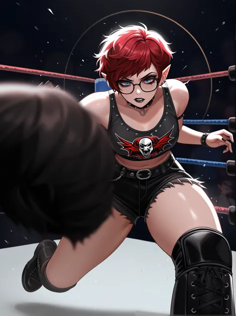 1woman, solo, adult female, androgynous, short hair, pixie cut, blue eyes, red hair, pointy ears, black glasses, medium breast, wrestling, wwe, rhea ripley, goth, punk, dark makeup, Blurred foreground,depth of field, masterpiece,best quality,amazing qualit...