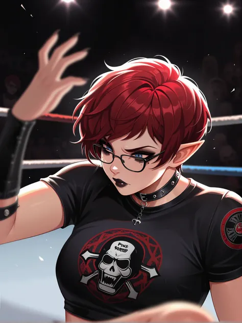 1woman, solo, adult female, androgynous, short hair, pixie cut, blue eyes, red hair, pointy ears, black glasses, medium breast, wrestling, wwe, rhea ripley, goth, punk, dark makeup, Blurred foreground,depth of field, masterpiece,best quality,amazing qualit...