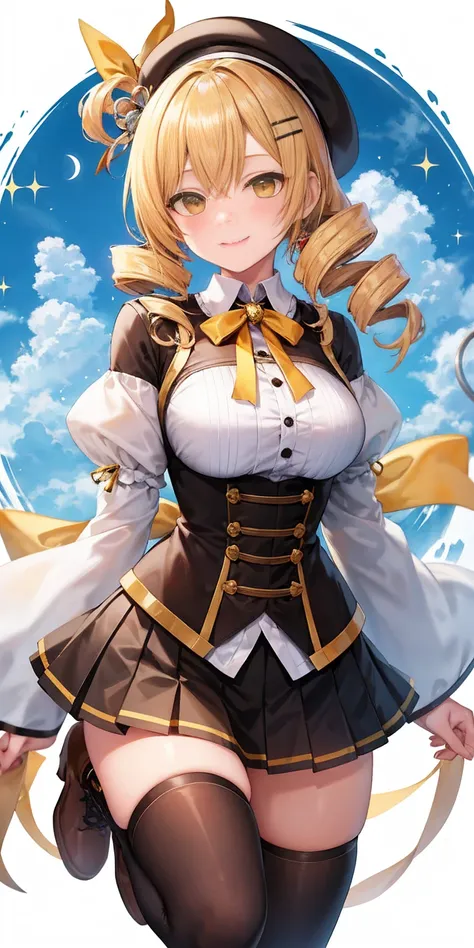 MamiAi, tomoe mami, yellow eyes, blonde hair, drill hair, twin drills, shiny, shiny hair, breasts, blush, smile, bangs, large breasts, magical girl, neck ribbon, hair ornament, ribbon, yellow ribbon, hairpin, skirt, shirt, thigh highs, long sleeves, hat, s...