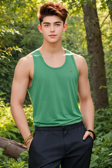 Portrait of a 16-year-old young man with an athletic build, emerald green, expressive eyes and fair, tanned skin. His chestnut brown hair with fiery red streaks is slightly wavy and styled in a modern, wild way, with upswept strands and shaved sides. He we...