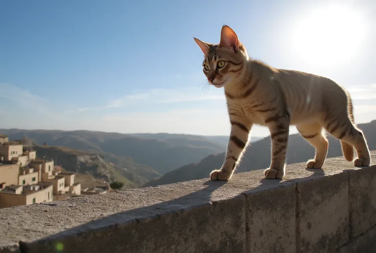 Photo realistic, Close-up photo of a cat, The cat is walking on top of the high tuff wall in front of it. The sun is just beyond the cat, making it backlit. Focus on the cat's face, close-up, from below, (Matera scene in backgroud, "Sassi di Matera"). UHD,...