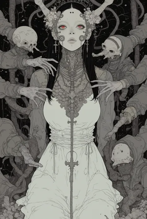 
 Surrealist Paintings Inspired by Johann Jonkind 。 wearing a white dress 、Surrealist painting inspired by a woman with lots of masks , Ryohei Hase ,  Pexel Contest Winner ,  surrealism, Haunted , Dark Goddess with 6 Arms  , That mask covers her entire fac...