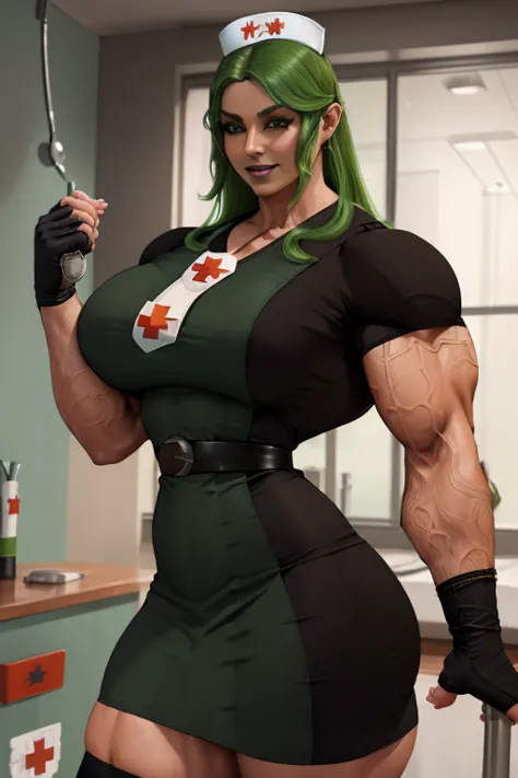 (Close-up), tall, (green hair), beautiful muscular woman, (long curvy hair), black skinned, closed smile, large breast, (black lipstick), (massive muscles), (hyper muscle), (ginormous bulky muscles), orange eyes, (((((nurse uniform dress))))), (fingerless ...