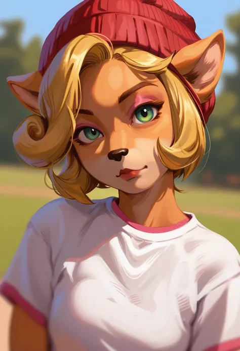 eigeen, score 9, score 7 up, 1girl, solo, furry female, blonde hair, red beanie, looking at viewer, head tilt, shirt, portrait, depth of field, short hair, tomboy, coco bandicoot