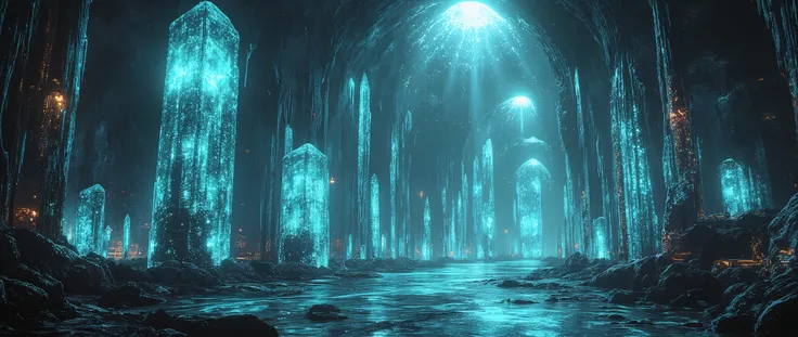 Subterranean crystal metropolis, bioluminescent mushroom forests casting cyan glow, (ancient obsidian monoliths with glowing runes:1.2), underground river of liquid mercury reflecting geometric cavern ceilings, (steampunk drilling machines overgrown with p...