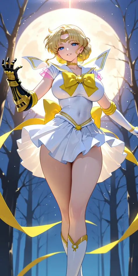 Masterpiece, elegant mature woman, princess moon\(princess moon\), white sailor senshi uniform, yellow ribbon on hips, double white sailor senshi skirt, parted lips, smile, tall body, big breast, sailor senshi uniform (sailor senshi uniform skirt, sailor s...