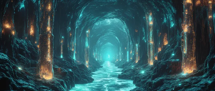 Subterranean crystal metropolis, bioluminescent mushroom forests casting cyan glow, (ancient obsidian monoliths with glowing runes:1.2), underground river of liquid mercury reflecting geometric cavern ceilings, (steampunk drilling machines overgrown with p...
