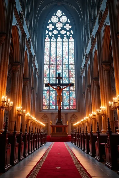 } Take a picture of a large Gothic church , view from door, looking towards the altar. The church is imposing and grand, with soaring pillars and elegant gothic arches that stretch to the ceiling.  The floor is of cold stone , with luxurious red carpets an...