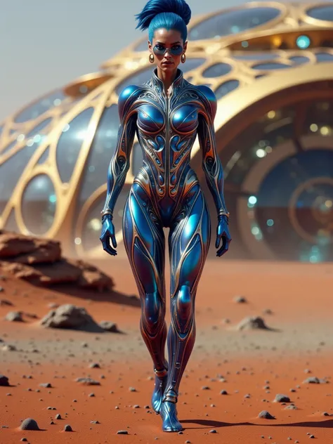 Female Human, Metallic Blue Hair with Silver Accents in a Bun with Blunt Bangs, Glowing Blue Cybernetic Eyes, Tanned Skin, Large Breasts, Wide Hips, Thick Thighs, Long Legs, Wearing Form Fitting Advance Metallic Blue Bio Metal Armor with Silver Accents, wa...