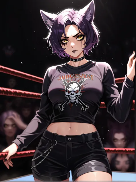 1woman, adult female, solo, short hair, yellow eyes, purple hair, closed mouth, purple wolf ears, wrestling, wwe,  rhea ripley, judgement day, goth, punk, dark makeup, medium breast, Blurred foreground,depth of field, cowboy shot, 
,masterpiece,best qualit...