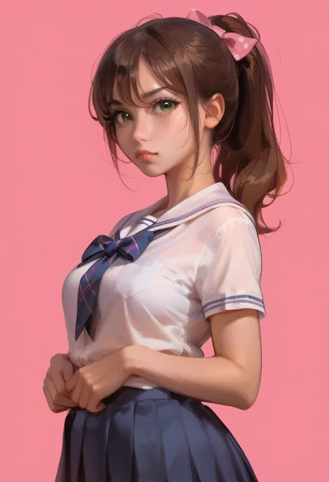 score_9, score_8_up, score_7_up,

1girl, solo, 
standing, 
looking at viewer, 
brown hair, ponytail, green eyes, 
medium breasts, 
school uniform, bow, 
simple background, pink background,