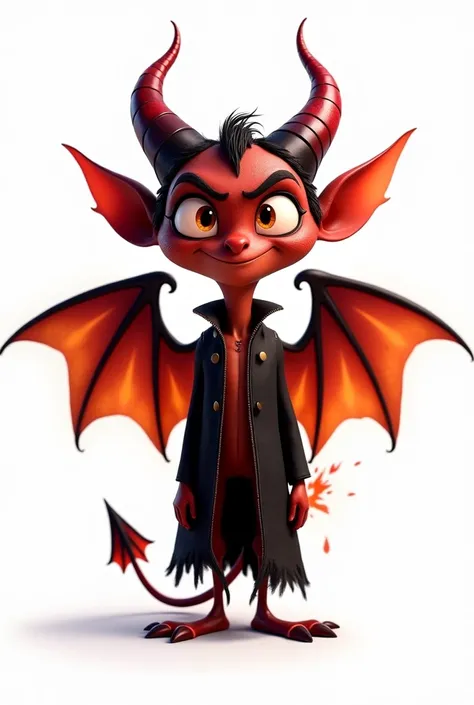 A strikingly designed demon in the style of Disney-Pixar. The demon has large, expressive eyes that glow with a mischievous yet charismatic energy. Their sharp, angular features include a sly smirk and slightly curved horns that are dark red with a subtle ...