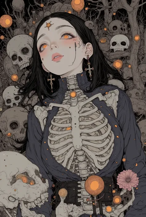 fish eye、from above、 anime girl with long hair and a skeleton in her hand, Anime illustration by Fumimi Kojima , Pixiv, Gothic art, Skeleton Girl ,  Anime Skull Portrait Female , Beautiful skeleton, Art Award-winning anime ,  Half Woman 、Half skeleton , sh...