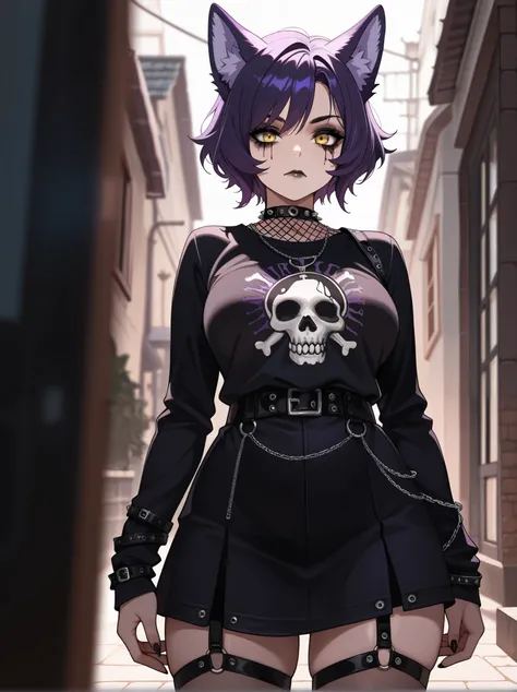 1woman, adult female, solo, short hair, yellow eyes, purple hair, closed mouth, purple wolf ears, goth, punk, dark makeup, medium breast, Blurred foreground,depth of field, cowboy shot, 
,masterpiece,best quality,amazing quality,