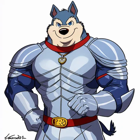  Exiles  ( Road Rovers ), Blue fur, White fur, human, Pointed ears, ,  alone,  whole body ,  Muscle , pig, red  collar,  coins, pet tags , high quality smile,  best resolution, Cell shade, ( blue eyes,  fine eyes):1.1, Silver uniform , Silver Armor, silver...