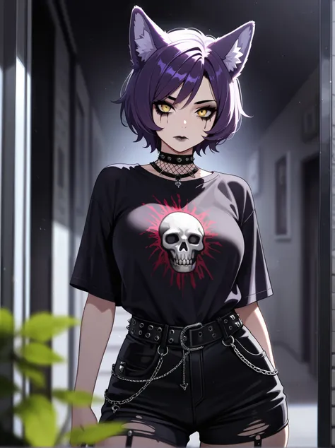 1woman, adult female, solo, short hair, yellow eyes, purple hair, closed mouth, purple wolf ears, goth, punk, dark makeup, medium breast, Blurred foreground,depth of field, cowboy shot, 
,masterpiece,best quality,amazing quality,