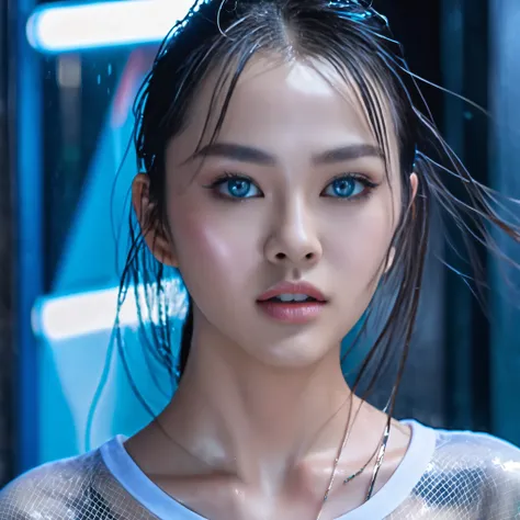 18+ Masterpiece, Highest Quality, Ultra-realistic, Mysterious young very beautiful Japanese woman with blue eyes, Dressed only in a short wet transparent T-shirt. Her whole body is in the frame. She wears futuristic accessories, Wears technical sneakers. M...