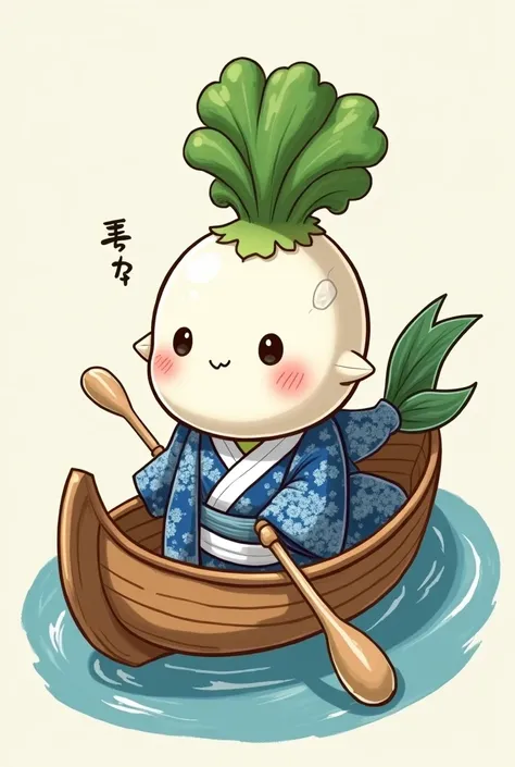 White radish with a green head and leaves　Ayu whose body is a fish 　prow　 rowing boat　Indigo dyed kimono　 mascot character　 illustrations　wooden bill of passage