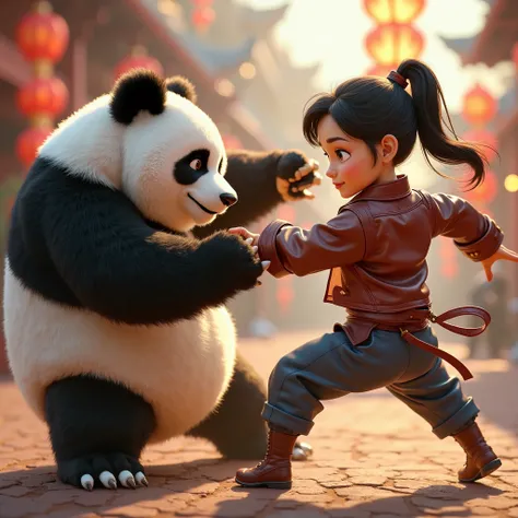 A panda and a cute girl、Kung Fu、 leather jacket、3D Animation、 Pixar style、woman