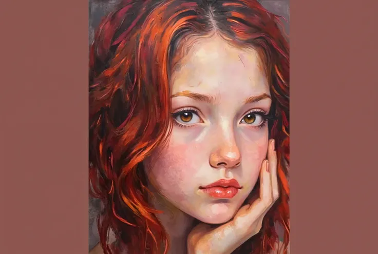 young girl painted in a picture, with Red hair, realistic painting with charcoal in Black and White 